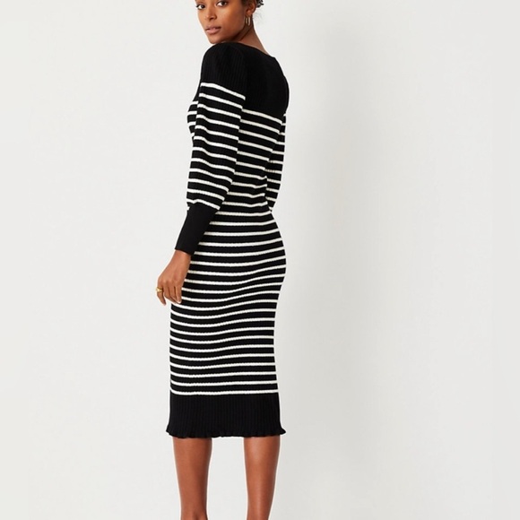 Ann Taylor Striped Midi Sweater Dress Square Neck Black White NWT Size Small - Picture 1 of 7